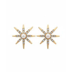 Vintage Gold Starburst Earrings W/ Pearl & Rhinestones Clip-On Costume Jewelry